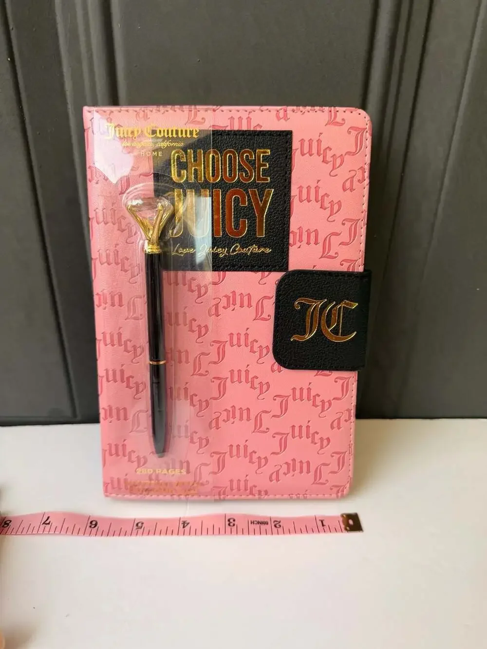 NWT Juicy Couture pink and black journal with diamond-topped pen. GOLD
